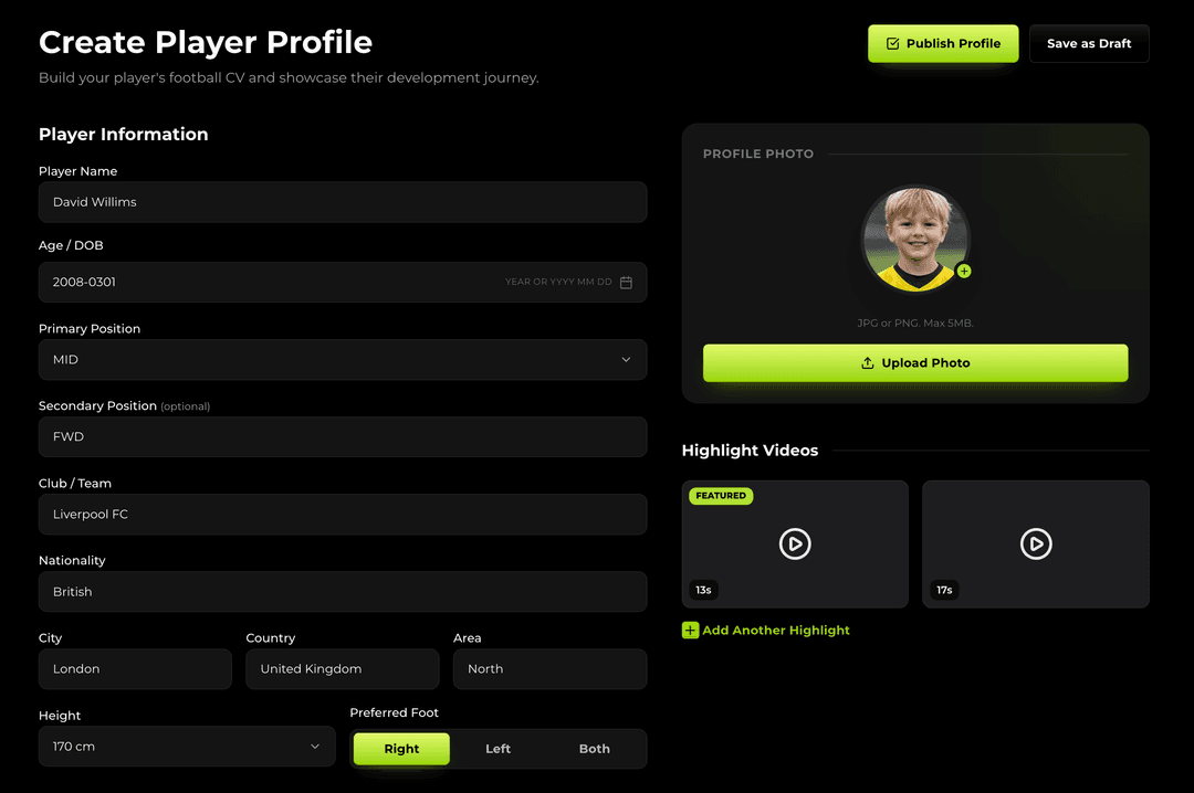 Create a complete digital football profile with player details, skills, and achievements.